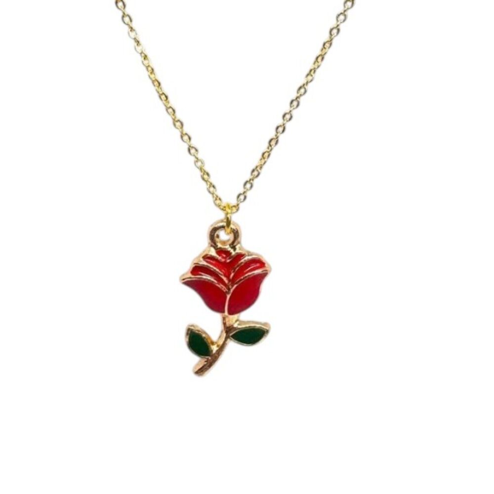 Red Enamel 14kt Gold Plated Rose Necklace #214